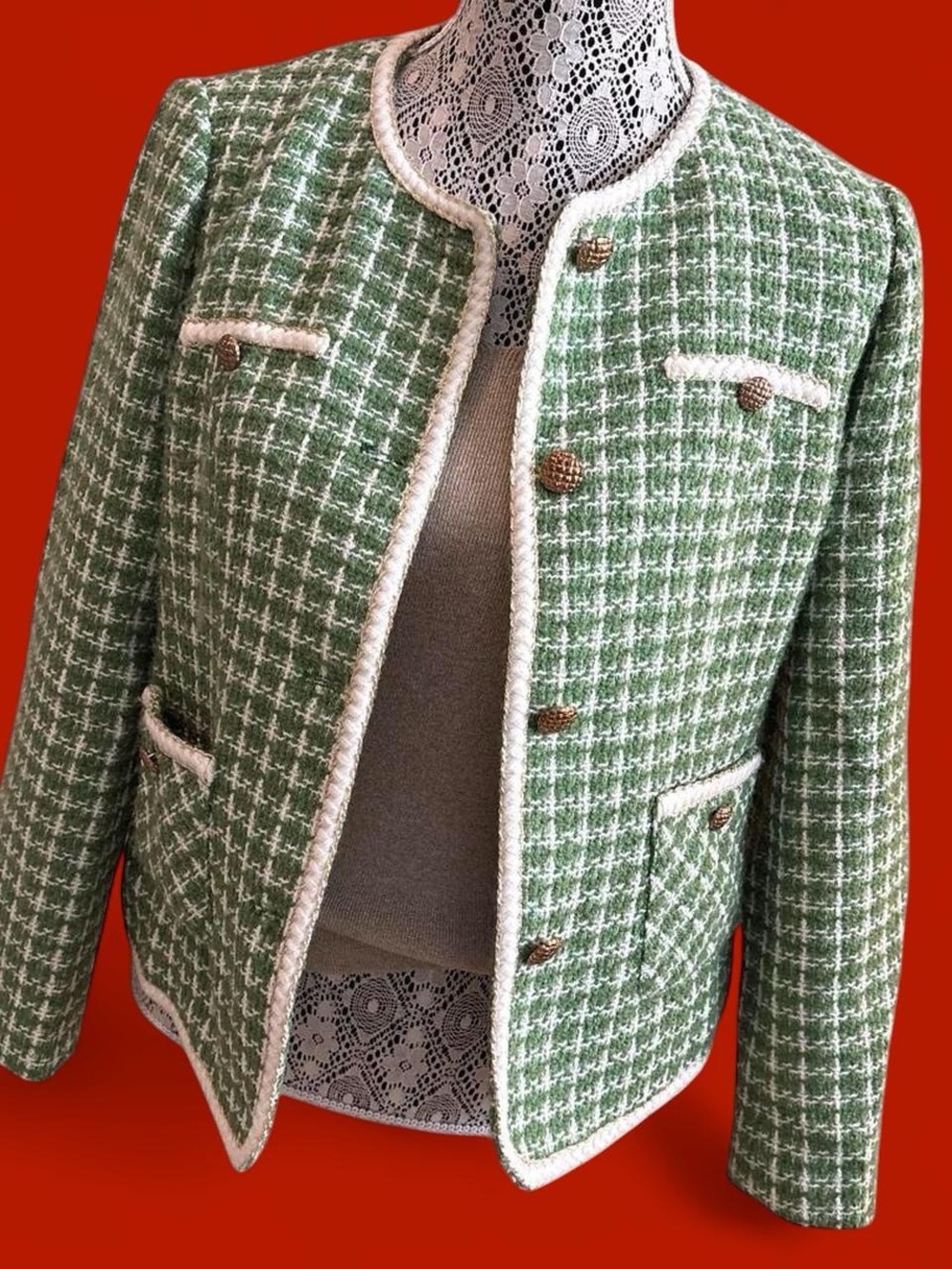 Green Tweed Button-Front Jacket with Cream Trim - Picture 2 of 7